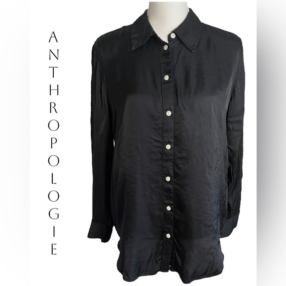 Anthropologie | Black Satin Button Down Top - Picture 1 of 5